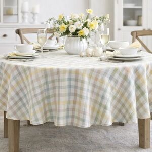Farmhouse Pastel Gingham Round Tablecloth 90” Spring Cottage Easter Table Rachel
